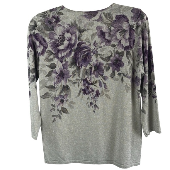 Women’s Floral Glitter Knit Top with Embellished Neckline - Purple/Gray - Picture 4 of 16